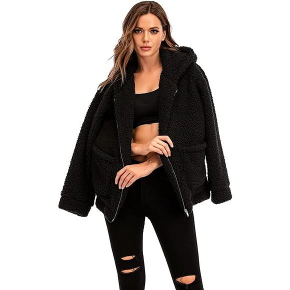 Fleece Fuzzy Faux Shearling Zipper Hooded Warm Winter Oversized Jacket, Black